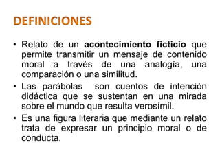 • Relato de un acontecimiento ficticio que
permite transmitir un mensaje de contenido
moral a través de una analogía, una
comparación o una similitud.
• Las parábolas son cuentos de intención
didáctica que se sustentan en una mirada
sobre el mundo que resulta verosímil.
• Es una figura literaria que mediante un relato
trata de expresar un principio moral o de
conducta.
 