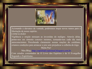 Acionando a alavanca da vontade, poderemos traçar novos rumos para a
libertação de nosso espírito.
CONCLUSÃO
Vigilância e oração atenuam as investidas do maligno. Através delas,
pomo-nos em sintonia conosco mesmos, tornando-nos cada dia mais
autoconscientes. Percebendo claramente nossas reações do cotidiano,
criamos condições para arrancar o joio sem prejudicar a colheita do trigo.
Muita Paz!
Meu Blog: http://espiritual-espiritual.blogspot.com.br
Com estudos comentados de O Livro dos Espíritos e de O Evangelho
Segundo o Espiritismo.
 