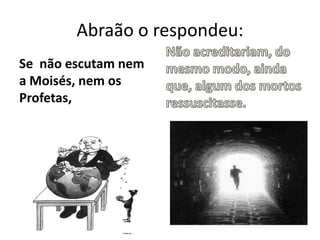 Abraão o respondeu:Se  nãoescutamnem a Moisés, nemosProfetas,Nãoacreditariam, do mesmomodo, aindaque, algum dos mortosressuscitasse.