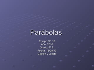 Parábolas  Equipo Nº: 10 Año: 2010 Grado: 5º B  Fecha: 18/08/10 Gastón y Julieta 