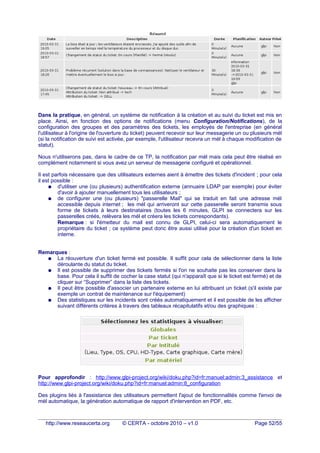 Dans la pratique, en général, un système de notification à la création et au suivi du ticket est mis en
place. Ainsi, en fonction des options de notifications (menu Configuration/Notifications), de la
configuration des groupes et des paramètres des tickets, les employés de l'entreprise (en général
l'utilisateur à l'origine de l'ouverture du ticket) peuvent recevoir sur leur messagerie un ou plusieurs mél
(si la notification de suivi est activée, par exemple, l'utilisateur recevra un mél à chaque modification de
statut).
Nous n'utiliserons pas, dans le cadre de ce TP, la notification par mél mais cela peut être réalisé en
complément notamment si vous avez un serveur de messagerie configuré et opérationnel.
Il est parfois nécessaire que des utilisateurs externes aient à émettre des tickets d'incident ; pour cela
il est possible :
● d'utiliser une (ou plusieurs) authentification externe (annuaire LDAP par exemple) pour éviter
d'avoir à ajouter manuellement tous les utilisateurs ;
● de configurer une (ou plusieurs) "passerelle Mail" qui se traduit en fait une adresse mél
accessible depuis internet ; les mél qui arriveront sur cette passerelle seront transmis sous
forme de tickets à leurs destinataires (toutes les 6 minutes, GLPI se connectera sur les
passerelles créés, relèvera les mél et créera les tickets correspondants).
Remarque : si l'émetteur du mail est connu de GLPI, celui-ci sera automatiquement le
propriétaire du ticket ; ce système peut donc être aussi utilisé pour la création d'un ticket en
interne.
Remarques :
● La réouverture d'un ticket fermé est possible. Il suffit pour cela de sélectionner dans la liste
déroulante du statut du ticket.
● Il est possible de supprimer des tickets fermés si l'on ne souhaite pas les conserver dans la
base. Pour cela il suffit de cocher la case statut (qui n'apparaît que si le ticket est fermé) et de
cliquer sur “Supprimer” dans la liste des tickets.
● Il peut être possible d'associer un partenaire externe en lui attribuant un ticket (s'il existe par
exemple un contrat de maintenance sur l'équipement)
● Des statistiques sur les incidents sont créés automatiquement et il est possible de les afficher
suivant différents critères à travers des tableaux récapitulatifs et/ou des graphiques :
Pour approfondir : http://www.glpi-project.org/wiki/doku.php?id=fr:manuel:admin:3_assistance et
http://www.glpi-project.org/wiki/doku.php?id=fr:manuel:admin:8_configuration
Des plugins liés à l'assistance des utilisateurs permettent l'ajout de fonctionnalités comme l'envoi de
mél automatique, la génération automatique de rapport d'intervention en PDF, etc.
http://www.reseaucerta.org © CERTA - octobre 2010 – v1.0 Page 52/55
 