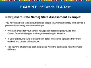 10
New [Insert State Name] State Assessment Example:
You have read two texts about famous people in American history who solved a
problem by working to make a change.
• Write an article for your school newspaper describing how Eliza and
Carver faced challenges to change something in America.
• In your article, be sure to describe in detail why some solutions they tried
worked and others did not work.
• Tell how the challenges each one faced were the same and how they were
different.
EXAMPLE: 5th
Grade ELA Test
.
 