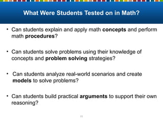What Were Students Tested on in Math?
11
• Can students explain and apply math concepts and perform
math procedures?
• Can students solve problems using their knowledge of
concepts and problem solving strategies?
• Can students analyze real-world scenarios and create
models to solve problems?
• Can students build practical arguments to support their own
reasoning?
 