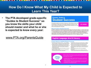 How Do I Know What My Child is Expected to
Learn This Year?
• The PTA developed grade-specific
“Guides to Student Success” so
you know the skills your child
should master and what he or she
is expected to know every year:
www.PTA.org/ParentsGuide
3
 