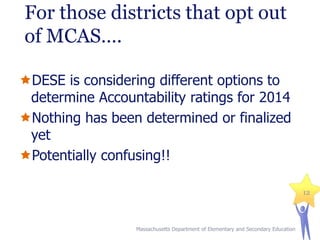 For those districts that opt out
of MCAS….
DESE is considering different options to
determine Accountability ratings for 2014
Nothing has been determined or finalized
yet
Potentially confusing!!
12

Massachusetts Department of Elementary and Secondary Education

 