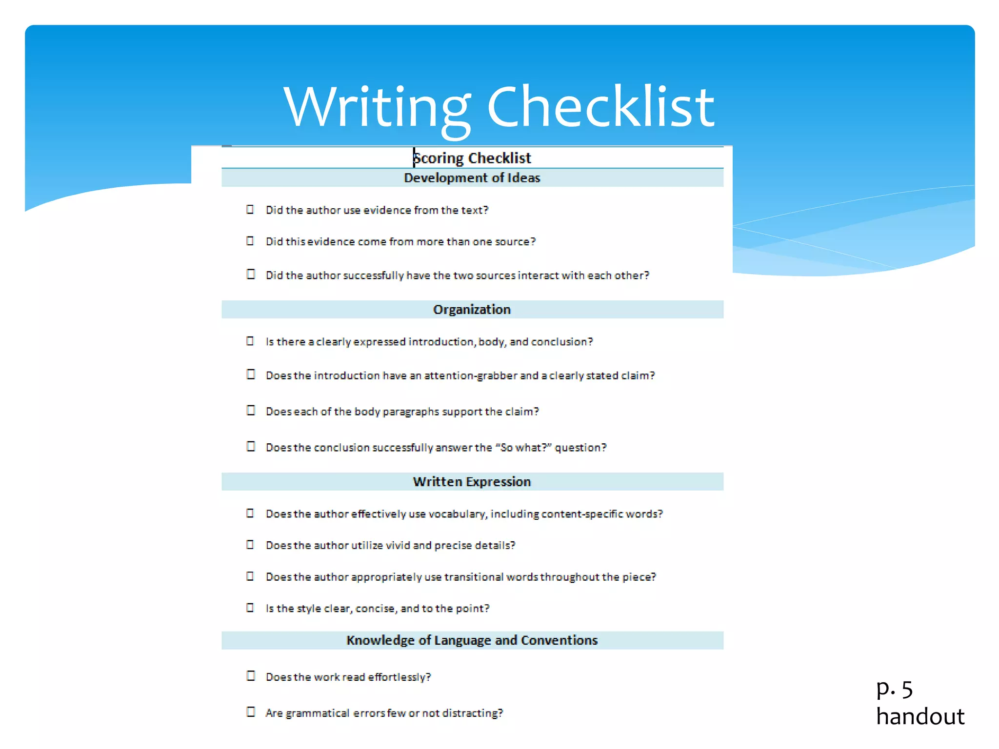 Writing Checklist 
p. 5 
handout 
 