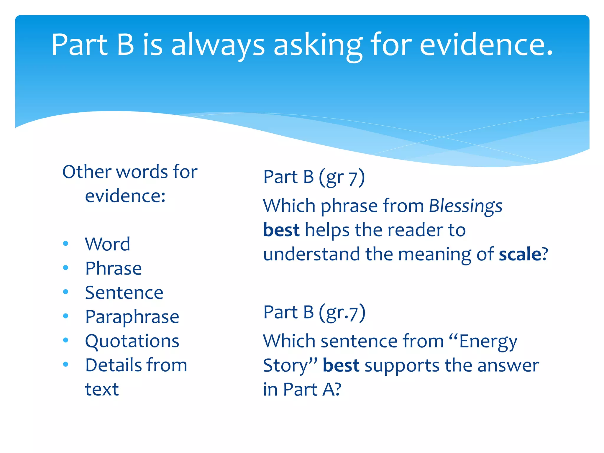 Part B is always asking for evidence. 
Otherwords for 
evidence: 
• Word 
• Phrase 
• Sentence 
• Paraphrase 
• Quotations 
• Details from 
text 
Part B (gr 7) 
Which phrase from Blessings 
best helps the reader to 
understand the meaning of scale? 
Part B (gr.7) 
Which sentence from “Energy 
Story” best supports the answer 
in Part A? 
 