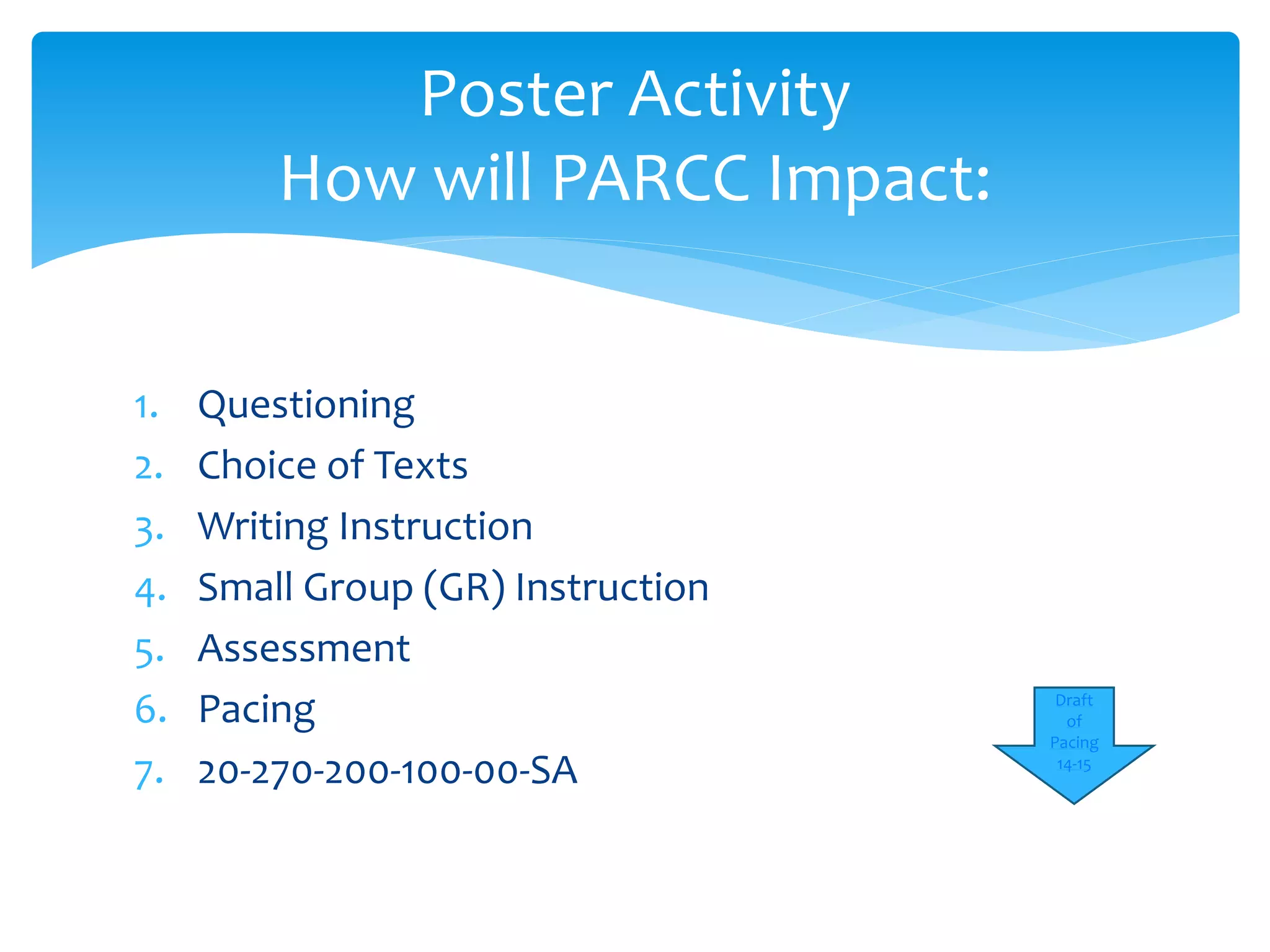 Poster Activity 
How will PARCC Impact: 
1. Questioning 
2. Choice of Texts 
3. Writing Instruction 
4. Small Group (GR) Instruction 
5. Assessment 
6. Pacing 
7. 20-270-200-100-00-SA 
Draft 
of 
Pacing 
14-15 
 