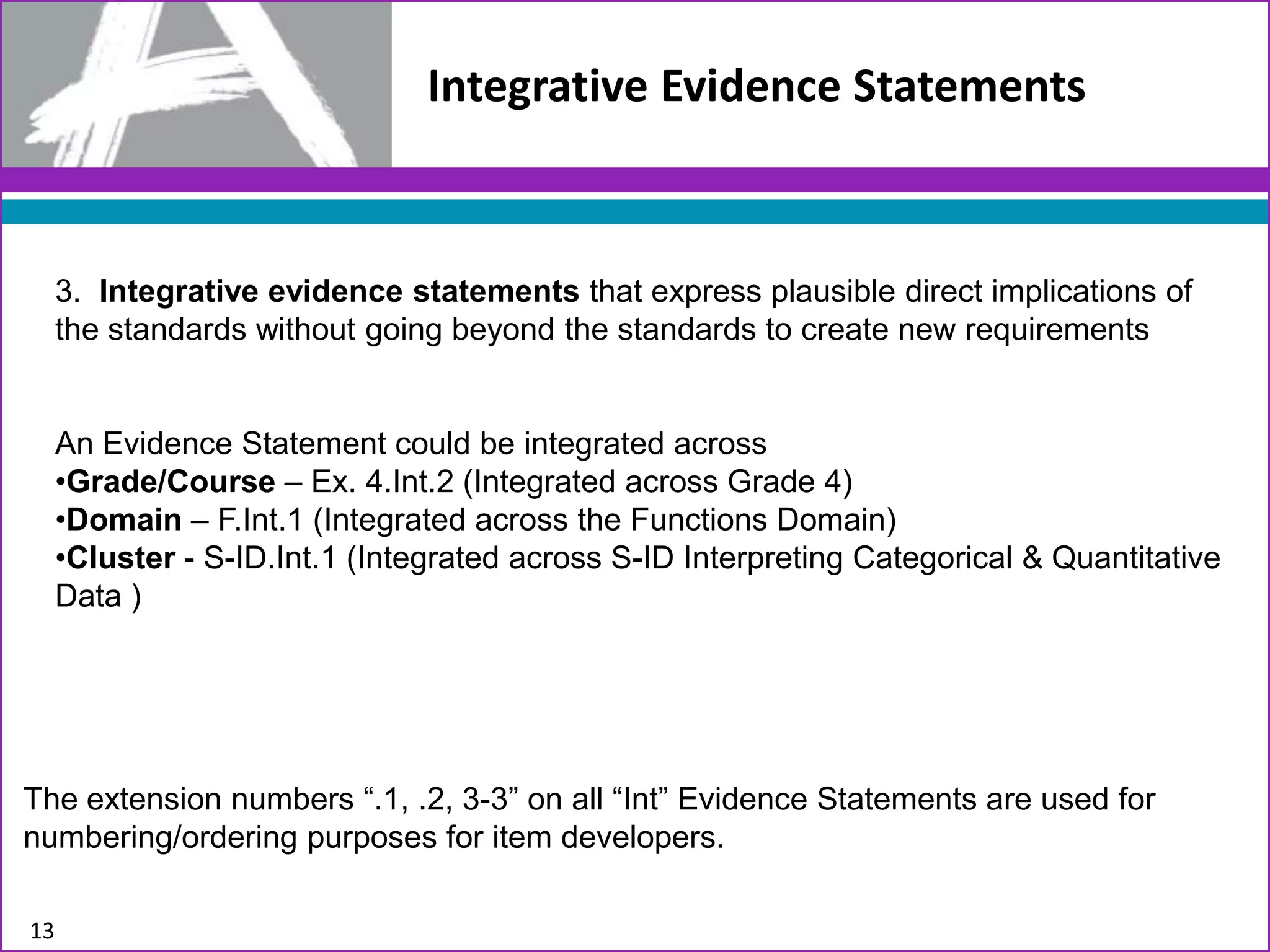 Integrative Evidence Statements
13
3. Integrative evidence statements that express plausible direct implications of
the standards without going beyond the standards to create new requirements
An Evidence Statement could be integrated across
•Grade/Course – Ex. 4.Int.2 (Integrated across Grade 4)
•Domain – F.Int.1 (Integrated across the Functions Domain)
•Cluster - S-ID.Int.1 (Integrated across S-ID Interpreting Categorical & Quantitative
Data )
The extension numbers “.1, .2, 3-3” on all “Int” Evidence Statements are used for
numbering/ordering purposes for item developers.
 