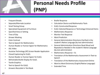 47
Personal Needs Profile
(PNP)
• Frequent Breaks
• Separate/Alternate Location
• Small Testing Group
• Specialized Equipment of Furniture
• Specified Area or Setting
• Time of Day
• Answer Masking
• Color Contrast
• Text-to-Speech for Mathematics
• Human Reader or Human Signer for Mathematics
• ASL Video
• Assistive Technology (AT) Screen Reader Application
• Closed Captioning for ELA/L
• Human Reader or Human Signer for ELA/L
• Refreshable Braille Display for ELA/L
• Tactile Graphics
• Text-to-Speech for ELA/L
• Answers Recorded in Test Book
• Braille Response
• Calculation Device and Mathematics Tools
• ELA/L Constructed Response
• ELA/L Selected Response or Technology Enhanced Items
• Mathematics Response
• Monitor Test Response
• Word Prediction
• General Administration Directions Clarified in the
student’s Native Language (by test administrator)
• General Administration Directions Read Aloud and
Repeated as Needed in the student’s Native Language
(by test administrator)
• Mathematics Response – EL
• Translation of the Mathematics Assessment in Text-to-
Speech
• Translation of the Mathematics Assessment Online
• Word to Word Dictionary (English/Native Language)
• Extended Time
 