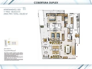 COBERTURA DUPLEX

APARTAMENTO 1001
1O PISO - BLOCO 01
ÁREA PRIV. TOTAL: 232,80 M2
 