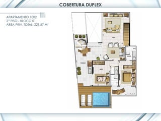 COBERTURA DUPLEX

APARTAMENTO 1002
2O PISO - BLOCO 01
ÁREA PRIV. TOTAL: 221,57 M2
 