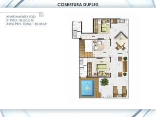 COBERTURA DUPLEX

APARTAMENTO 1003
2O PISO - BLOCO 01
ÁREA PRIV. TOTAL: 189,08 M2
 