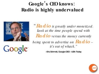 “ Radio  is greatly under monetized. Look at the time people spend with  Radio  versus the money currently being spent to advertise on  Radio  –  it’s out of whack.” - Eric Schmidt, Google CEO - USA Today Google’s CEO knows:  Radio is highly undervalued Eric Schmidt 
