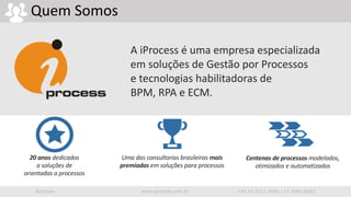 iprocess www.iprocess.com.br +55 51 3211.4036 / 11 4063.6263
Quem Somos
A iProcess é uma empresa especializada
em soluções de Gestão por Processos
e tecnologias habilitadoras de
BPM, RPA e ECM.
20 anos dedicados
a soluções de
orientadas a processos
Uma das consultorias brasileiras mais
premiadas em soluções para processos
Centenas de processos modelados,
otimizados e automatizados
 