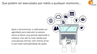 Após o treinamento, o robô pode ser
agendado para executar os passos
como se fosse uma pessoa operando o
sistema, mas até 5x mais rápido que
uma pessoa normal, com menos erros
e com total rastreabilidade da ações.
Que podem ser executados por robôs a qualquer momento…
 