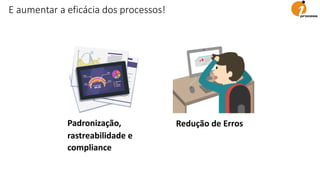 E aumentar a eficácia dos processos!
Redução de ErrosPadronização,
rastreabilidade e
compliance
 