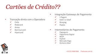 Cartões de Crédito??
                                       •   Integração Gateways de Pagamento
                                              I-Pagare
•   Transação direta com a Operadora          Sitef / e-Sitef
       Cielo                                 Braspag
       Redecard                              PayGo
       Amex
       Banrisul.com                   •   Intemediários de Pagamento
       Hipercard                             Pagseguro
                                              Pagamento Digital
                                              MoIP
                                              PayPall
                                              Mercado Pago
                                              Dinheiro Mail
 