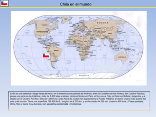 Chile en el mundo




Chile es una estrecha y larga franja de tierra, en el extremo suroccidental de América, entre la Cordillera de los Andes y del Océano Pacífico;
posee una parte de la Antártica y más de 5.800 islas e islotes. Limita al Norte con Perú, al Sur con el Polo, al Este con Bolivia y Argentina y al
Oeste con el Océano Pacífico. Más de 4.000 kms. entre Arica de ciudad más septentrional y Puerto Williams, el centro urbano más austral del
país y del mundo. Tiene una superficie 756.626 km2., longitud de 4.270 km. y ancho medio de 200 km. (máximo 400 kms.). Posee paisajes,
clima, flora y fauna muy diversos, con geografía accidentada y montañosa.
 