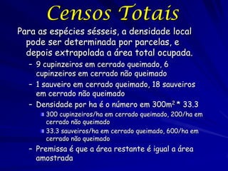 Censos Totais
Para as espécies sésseis, a densidade local
  pode ser determinada por parcelas, e
  depois extrapolada a área total ocupada.
  – 9 cupinzeiros em cerrado queimado, 6
    cupinzeiros em cerrado não queimado
  – 1 sauveiro em cerrado queimado, 18 sauveiros
    em cerrado não queimado
  – Densidade por ha é o número em 300m2 * 33.3
      300 cupinzeiros/ha em cerrado queimado, 200/ha em
      cerrado não queimado
      33.3 sauveiros/ha em cerrado queimado, 600/ha em
      cerrado não queimado
  – Premissa é que a área restante é igual a área
    amostrada
 