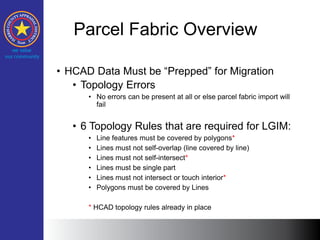 Parcel Fabric Overview
• HCAD Data Must be “Prepped” for Migration
• Topology Errors
• No errors can be present at all or else parcel fabric import will
fail
• 6 Topology Rules that are required for LGIM:
• Line features must be covered by polygons*
• Lines must not self-overlap (line covered by line)
• Lines must not self-intersect*
• Lines must be single part
• Lines must not intersect or touch interior*
• Polygons must be covered by Lines
* HCAD topology rules already in place
 