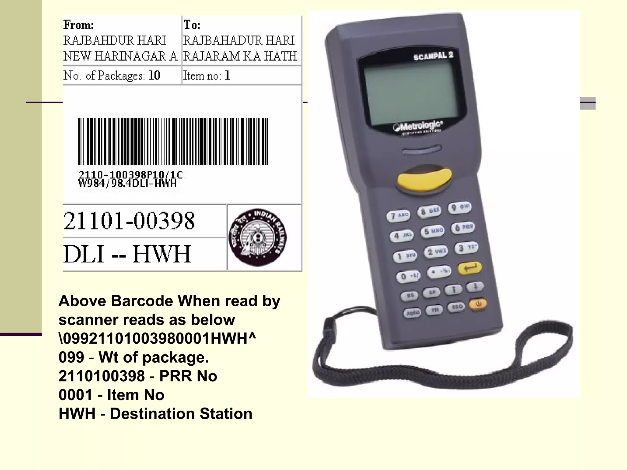 Above Barcode When read by scanner reads as below \09921101003980001HWH^ 099  -  Wt of package. 2110100398  -  PRR No 0001  -  Item No HWH  -  Destination Station 
