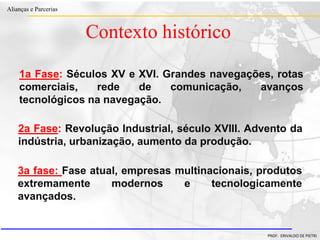 Clique para editar o estilo do título
mestre
• Clique para editar os estilos do texto mestre
– Segundo nível
• Terceiro nível
– Quarto nível
» Quinto nível
18/03/2022 31
Alianças e Parcerias
PROF. ERIVALDO DE PIETRI
1a Fase: Séculos XV e XVI. Grandes navegações, rotas
comerciais, rede de comunicação, avanços
tecnológicos na navegação.
2a Fase: Revolução Industrial, século XVIII. Advento da
indústria, urbanização, aumento da produção.
3a fase: Fase atual, empresas multinacionais, produtos
extremamente modernos e tecnologicamente
avançados.
Contexto histórico
 