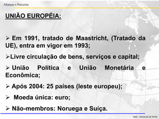 Clique para editar o estilo do título
mestre
• Clique para editar os estilos do texto mestre
– Segundo nível
• Terceiro nível
– Quarto nível
» Quinto nível
18/03/2022 46
Alianças e Parcerias
PROF. ERIVALDO DE PIETRI
UNIÃO EUROPÉIA:
 Em 1991, tratado de Maastricht, (Tratado da
UE), entra em vigor em 1993;
Livre circulação de bens, serviços e capital;
 União Política e União Monetária e
Econômica;
 Após 2004: 25 países (leste europeu);
 Moeda única: euro;
 Não-membros: Noruega e Suíça.
 