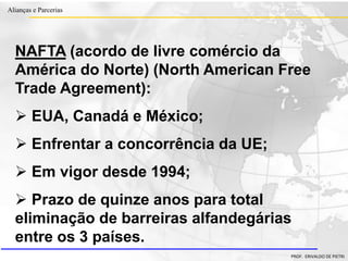 Clique para editar o estilo do título
mestre
• Clique para editar os estilos do texto mestre
– Segundo nível
• Terceiro nível
– Quarto nível
» Quinto nível
18/03/2022 50
Alianças e Parcerias
PROF. ERIVALDO DE PIETRI
NAFTA (acordo de livre comércio da
América do Norte) (North American Free
Trade Agreement):
 EUA, Canadá e México;
 Enfrentar a concorrência da UE;
 Em vigor desde 1994;
 Prazo de quinze anos para total
eliminação de barreiras alfandegárias
entre os 3 países.
 