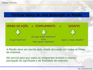 Clique para editar o estilo do título
mestre
• Clique para editar os estilos do texto mestre
– Segundo nível
• Terceiro nível
– Quarto nível
» Quinto nível
18/03/2022 67
Alianças e Parcerias
PROF. ERIVALDO DE PIETRI
Fórmula básica de uma declaração de Missão
A Missão deve ser escrita após ampla discussão em todos os níveis
da empresa.
Ela servirá para que todos os integrantes tenham a mesma
percepção do significado e da finalidade da empresa.
O que fazemos?
De que modo fazemos?
e/ou
Para quem fazemos?
Qual o nosso desafio?
VERBO DE AÇÃO COMPLEMENTO DESAFIO
+ +
 