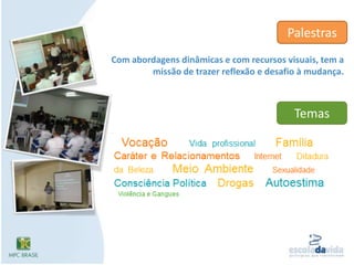 PalestrasCom abordagens dinâmicas e com recursos visuais, tem a missão de trazer reflexão e desafio à mudança.Temas