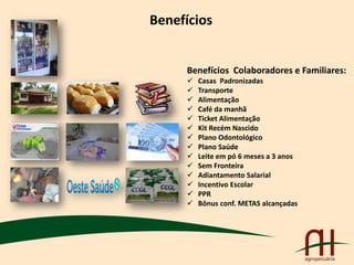 Benefícios
Benefícios Colaboradores e Familiares:
 Casas Padronizadas
 Transporte
 Alimentação
 Café da manhã
 Ticket Alimentação
 Kit Recém Nascido
 Plano Odontológico
 Plano Saúde
 Leite em pó 6 meses a 3 anos
 Sem Fronteira
 Adiantamento Salarial
 Incentivo Escolar
 PPR
 Bônus conf. METAS alcançadas
 