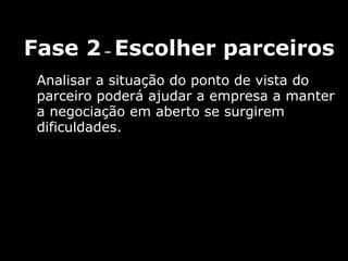 Fase 2  –  Escolher parceiros Analisar a situação do ponto de vista do parceiro poderá ajudar a empresa a manter a negociação em aberto se surgirem dificuldades.  