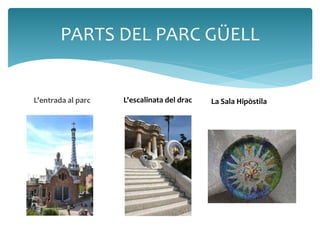 PARTS DEL PARC GÜELL 
L’entrada al parc 
L'escalinata del drac La Sala Hipòstila 
 