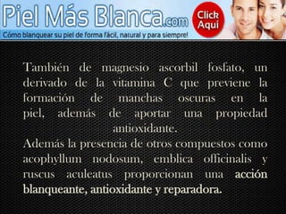 También de magnesio ascorbil fosfato, un derivado de la vitamina C que previene la formación de manchas oscuras en la piel, además de aportar una propiedad antioxidante.Además la presencia de otros compuestos como acophyllum nodosum, emblica officinalis y ruscus aculeatus proporcionan una acción blanqueante, antioxidante y reparadora.