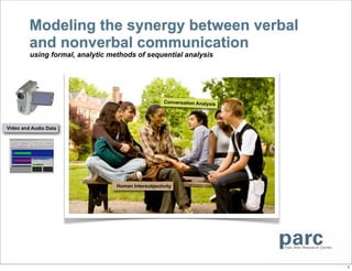 Modeling the synergy between verbal
         and nonverbal communication
         using formal, analytic methods of sequential analysis




                                                     Conversation Analysis




Video and Audio Data




                                  Human Intersubjectivity




                                                                             1
 