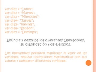 var dia1 = "Lunes"; var dia2 = "Martes";var dia3 = “Miercoles”:var dia4= “Jueves”;var dia5= “Viernes”;var dia6= “Sabado”;var dia7 = "Domingo";Enuncie y describa los diferentes Operadores, su clasificación y de ejemplos.Los operadores permiten manipular el valor de las variables, realizar operaciones matemáticas con sus valores y comparar diferentes variables. 