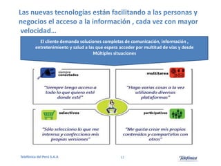 Las nuevas tecnologías están facilitando a las personas y
negocios el acceso a la información , cada vez con mayor
velocidad…
El cliente demanda soluciones completas de comunicación, información ,
entretenimiento y salud a las que espera acceder por multitud de vías y desde
Múltiples situaciones

Telefónica del Perú S.A.A

12

 