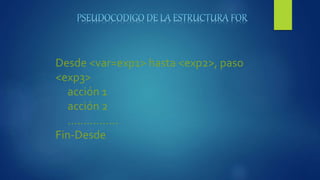 Desde <var=exp1> hasta <exp2>, paso
<exp3>
acción 1
acción 2
…………….
Fin-Desde
 