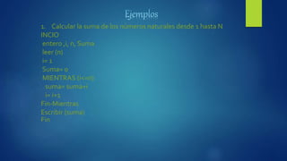 1. Calcular la suma de los números naturales desde 1 hasta N
INCIO
entero ,i, n, Suma
leer (n)
i= 1
Suma= 0
MIENTRAS (i<=n)
suma= suma+i
i= i+1
Fin-Mientras
Escribir (suma)
Fin
 