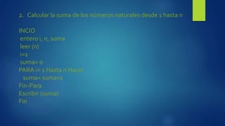 2. Calcular la suma de los números naturales desde 1 hasta n
INCIO
entero i, n, suma
leer (n)
i=1
suma= 0
PARA i= 1 Hasta n Hacer
suma= suma+1
Fin-Para
Escribir (suma)
Fin
 