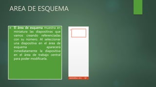 AREA DE ESQUEMA
 El área de esquema muestra en
miniatura las diapositivas que
vamos creando referenciadas
con su número. Al seleccionar
una diapositiva en el área de
esquema aparecerá
inmediatamente la diapositiva
en el área de trabajo central
para poder modificarla.
 