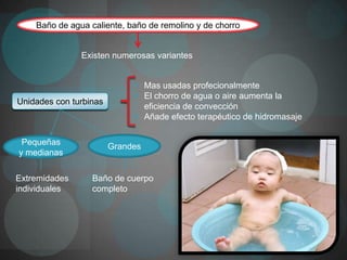 Baño de agua caliente, baño de remolino y de chorro


               Existen numerosas variantes


                              Mas usadas profecionalmente
                              El chorro de agua o aire aumenta la
Unidades con turbinas
                               eficiencia de convección
                              Añade efecto terapéutico de hidromasaje

 Pequeñas               Grandes
y medianas

Extremidades      Baño de cuerpo
individuales      completo
 
