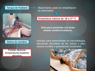 Tanque de Hubbard       Mayormente usado en rehabilitación
                         de poliomielitis


                         Temperatura máxima de: 36 a 37° C


                            Solo para pacientes con buen
                              estado cardiocirculatorio.



                        Indicado para extremidades en traumatología,
 Baños de remolino
                        afecciones articulares de las manos y pies,
                        ulceras crurales o quemaduras localizadas
   Pueden alcanzar
temperaturas bastante
      elevadas
 