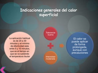 Tolerancia
                           buena
La aplicación habitual                  El calor se
     es de 20 a 30                    puede aplicar
 minutos y el mínimo                     de forma
 de efectividad esta
entre 5 y 10 minutos,
                                       prolongada,
 que es el tiempo en
                                       aunque con
 que se va subiendo                   precauciones
al temperatura tisular   Intensidad
                         moderada
 