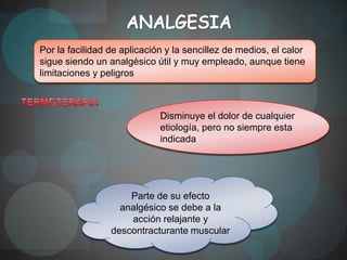 Por la facilidad de aplicación y la sencillez de medios, el calor
sigue siendo un analgésico útil y muy empleado, aunque tiene
limitaciones y peligros



                             Disminuye el dolor de cualquier
                             etiología, pero no siempre esta
                             indicada




                     Parte de su efecto
                   analgésico se debe a la
                     acción relajante y
                 descontracturante muscular
 