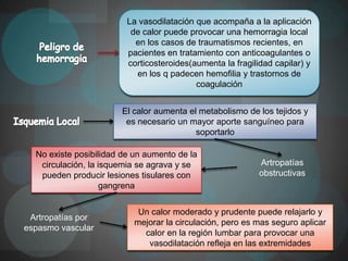 La vasodilatación que acompaña a la aplicación
                          de calor puede provocar una hemorragia local
                           en los casos de traumatismos recientes, en
                         pacientes en tratamiento con anticoagulantes o
                         corticosteroides(aumenta la fragilidad capilar) y
                           en los q padecen hemofilia y trastornos de
                                           coagulación


                       El calor aumenta el metabolismo de los tejidos y
                        es necesario un mayor aporte sanguíneo para
                                          soportarlo

  No existe posibilidad de un aumento de la
   circulación, la isquemia se agrava y se                  Artropatías
   pueden producir lesiones tisulares con                   obstructivas
                    gangrena


                            Un calor moderado y prudente puede relajarlo y
 Artropatías por
                           mejorar la circulación, pero es mas seguro aplicar
espasmo vascular
                             calor en la región lumbar para provocar una
                              vasodilatación refleja en las extremidades
 