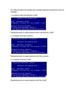 (b) Utiliza los datos de cereales para investigar algunas asociaciones entre sus
variables:

i. La relación entre manufacturer y shelf.




Estadísticamente no existe relacione entre manufacturer y shelf.

ii. La relación entre fat y vitamins.




Estadísticamente no existe relacione entre fat y vitamins

iii. La relación entre fat y shelf.




Estadísticamente no existe relacione entre fat y shelf
 