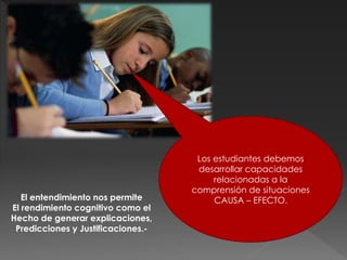 Los estudiantes debemos 
desarrollar capacidades 
relacionadas a la 
comprensión de situaciones 
El entendimiento nos permite CAUSA – EFECTO. 
El rendimiento cognitivo como el 
Hecho de generar explicaciones, 
Predicciones y Justificaciones.- 
 