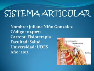 Nombre: Juliana Niño González
Código: 11141071
Carrera: Fisioterapia
Facultad: Salud
Universidad: UDES
Año: 2013
 